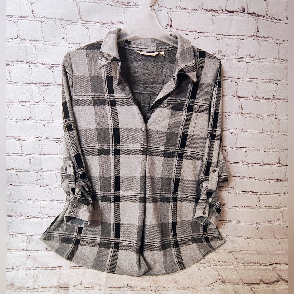 Soft Surrounding Mad About Plaid Grey Black Large Cozy Tunic Roll Tab Pop Over